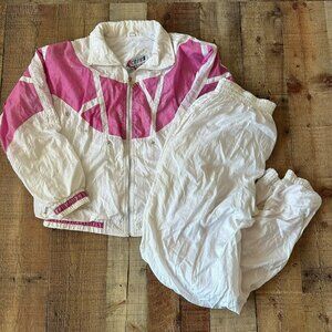 Vintage Active Stuff White & Pink Nylon Tracksuit L 80s Windbreaker Set
